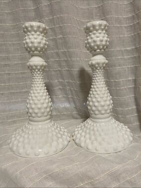 Fenton White Hobnail Milk Glass Candlesticks Pair of 2